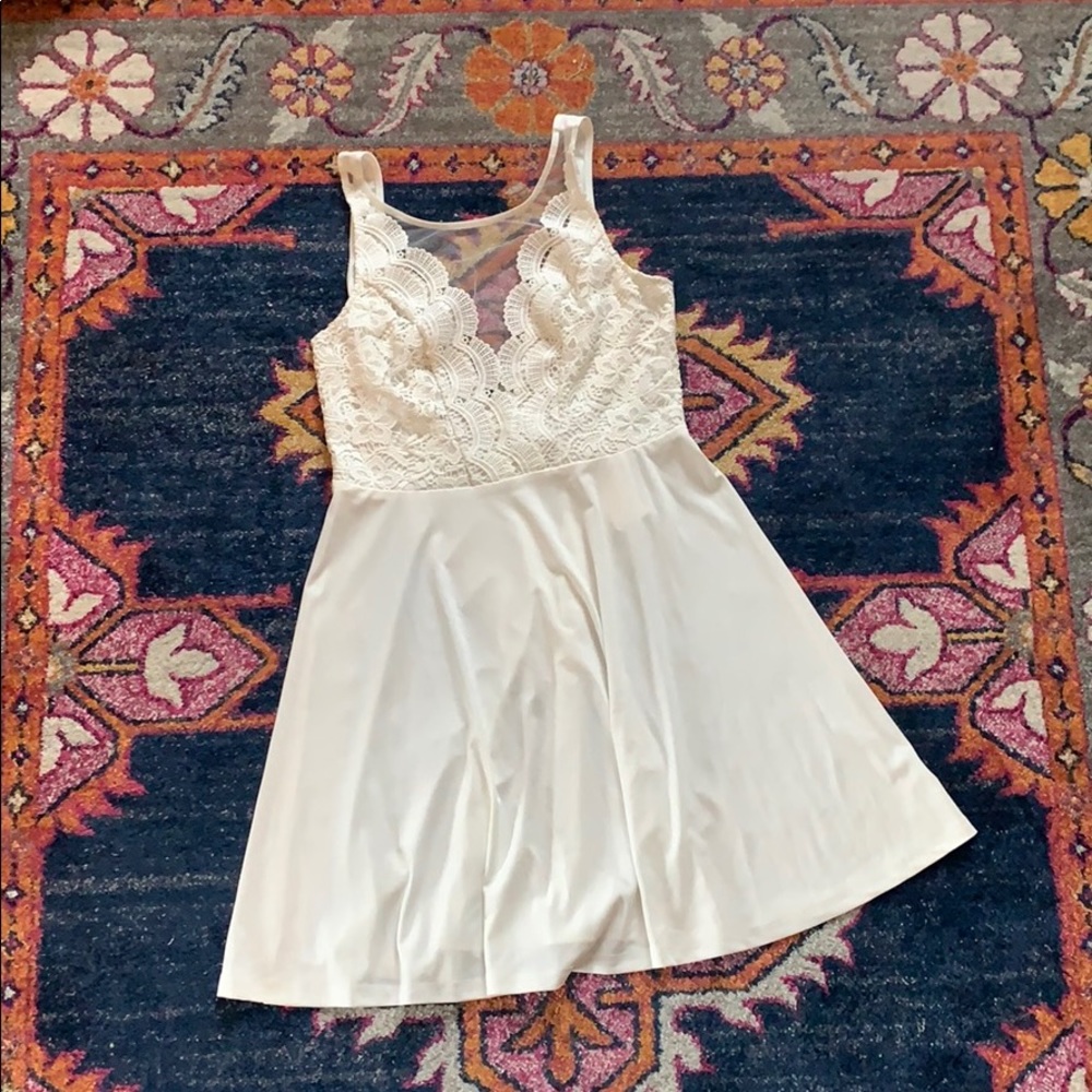 Cute White Mini Dress with Crochet & Mesh!